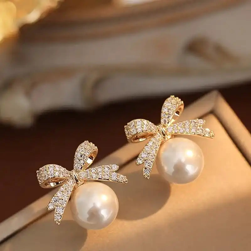 Rhinestone Bow Pearl Earrings