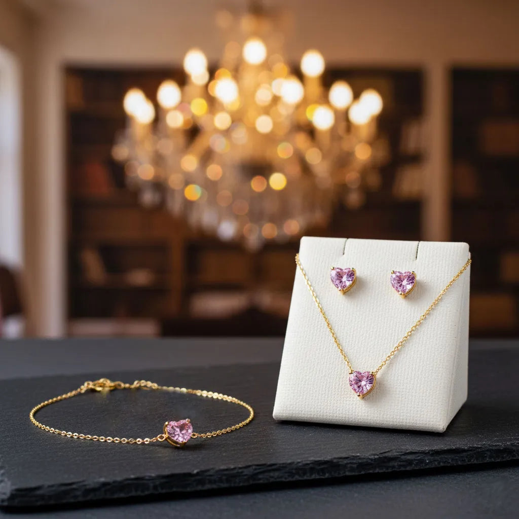 StainlessSteelPinkStoneJewelrySet