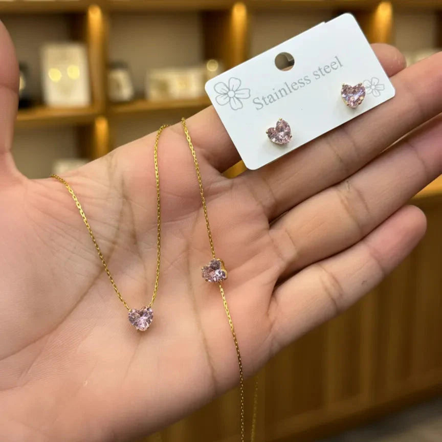 StainlessSteelPinkStoneJewelrySet